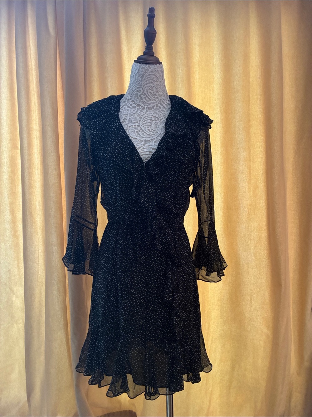 3.1 Phillip Lim Black Silk Ruffle Wrap Dress with Sheer Sleeves and dot pattern.